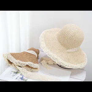 Chapeaux de soleil en paille avec dentelle beige et marron pour les vacances à la plage