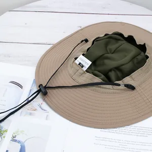 Khaki wide brim outdoor camping hat with adjustable chin strap and mesh lining