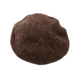 Classic dark brown mohair knitted beret with soft wool texture for women autumn winter