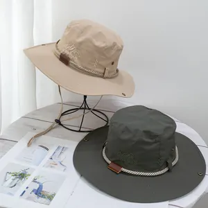 Wide brim western cowboy sun hat for hiking with windproof rope in beige and olive