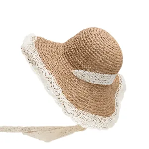 Chapeau de soleil en paille pour femme avec bordure en dentelle blanche et rubans