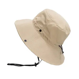 Outdoor quick-dry beige sun hat with adjustable chin strap and tactical buttons
