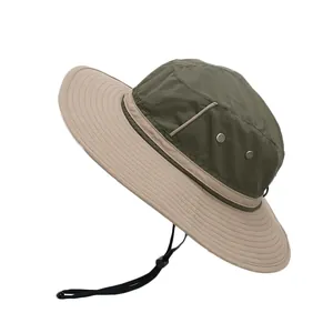 Outdoor wide brim sun hat with drawstring in olive green and khaki two-tone design