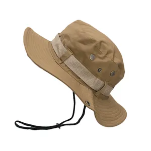 Khaki outdoor tactical boonie hat with adjustable chin strap and breathable mesh vents