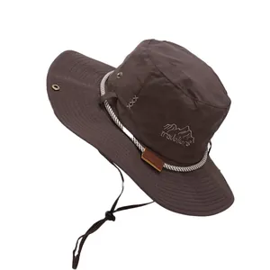 Dark brown breathable outdoor sun hat with wide brim and adjustable windproof strap