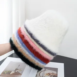 Women's Soft Faux Rabbit Fur Bucket Hat Autumn Winter Warm Plush Fisherman Hat Solid Color Fashion Soft Basin Hat For Ladies
