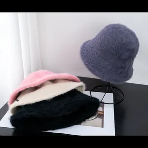 Winter fluffy faux rabbit fur bucket hat for women in multiple soft pastel colors