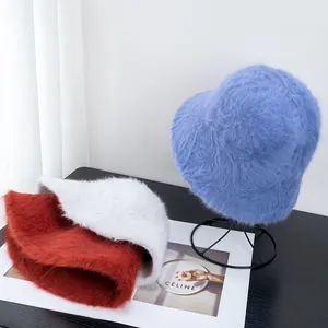 Winter fluffy rabbit fur bucket hats for women in blue, white, and red warm colors