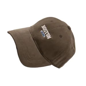 Brown baseball cap with white Boston embroidery and twill cotton texture in side view