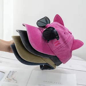 Casquette de Baseball Créative avec Oreilles de Chat et Lunettes de Pilote pour Femmes Coton Lavé Chapeau Hip Hop Mode Ajustable Couvre-chef Protection Solaire