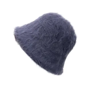 Deep greyish blue plush rabbit fur bucket hat for women with soft fluffy texture
