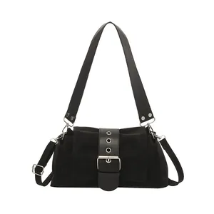 Retro black shoulder bag with silver rivet wide strap and buckle in matte finish