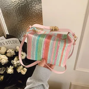 Women Striped Straw Woven Shoulder Crossbody Bag Fashion Casual Square Handbag With Synthetic Leather Strap For Travel Beach
