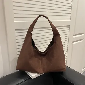 Women's Minimalist Suede Frosted Shoulder Bag Retro Large Capacity Tote Underarm Bag Solid Color One-Piece Wide Strap Bag