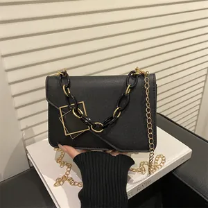 Fashion PU Leather Crossbody Bag Women Small Square Shoulder Bag Geometric Buckle Decorative Chain Flap Elegant Purse
