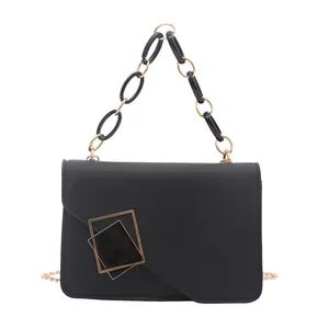 Classic black PU leather flap bag with acrylic chain handle and gold hardware