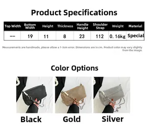 Size chart showing dimensions for a glittery rhinestone evening bag with chain strap