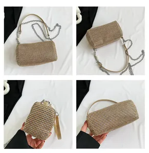 Macro detail of champagne gold rhinestone evening bag with elegant pearl and chain strap