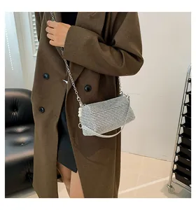 Detailed view of silver rhinestone handbag with metallic chain strap on model arm