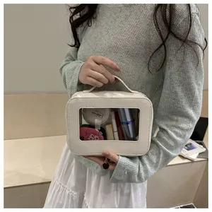 Detail of portable white cosmetic bag with clear window and hand strap