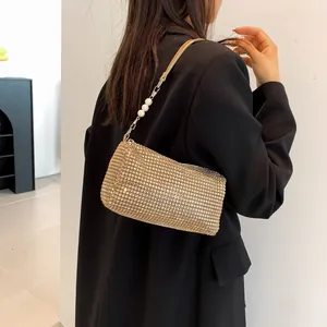 Sparkling champagne gold rhinestone dumpling bag with pearl chain strap for women