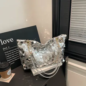 Sac Fourre-tout Brillant à Paillettes pour Femmes Grande Capacité Sac à Bandoulière avec Chaîne en Métal pour Fête et Travail