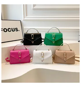 Detailed view of luxury square handbags in five colors with golden metallic buckles