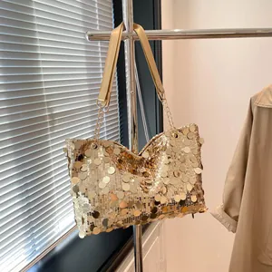 Sac fourre-tout chic à paillettes dorées avec bandoulières à chaîne et grande capacité