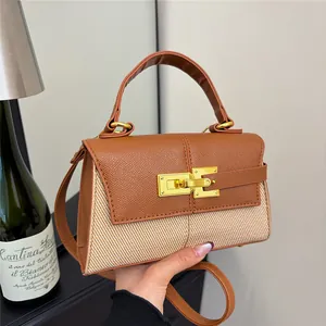 Sac à Main Trapèze à la Mode en Cuir PU et Toile Épissage Petit Sac Carré Bandoulière Serrure Métallique pour Femmes
