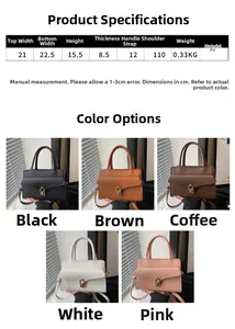 Size chart for chic PU crossbody bag showing dimensions 22.5x15.5cm in various colors