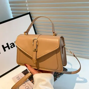 Women Vintage PU Leather Crossbody Bag Fashion Solid Color Small Square Shoulder Bag With Gold Metal Buckle Top Handle Handbag For Daily Commute