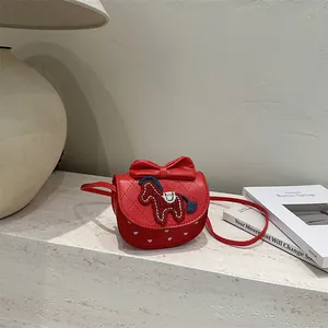 Sac bandoulière rouge pour fille avec nœud et broderie poney pour le Nouvel An