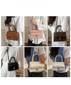 Collage showing five colors of leather crossbody bags with gold oval turn-lock closure