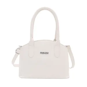 Glossy white shell-shaped handbag with silver Fashion lettering and adjustable strap