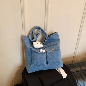 Large Capacity Washed Denim Tote Bag For Women Casual Multi Pocket Shoulder Bag With Plush Cloud Pendant Travel School Handbag