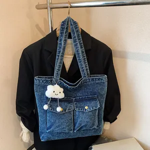 Large capacity blue denim canvas tote bag with front pockets and cute cloud charm decor