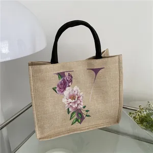 Damen Floral Buchstabe Jute Tote Bag Vintage Leinen Handtasche Mit Magnetverschluss Große Kapazität Einkaufstasche Geschenk Aufbewahrungstasche