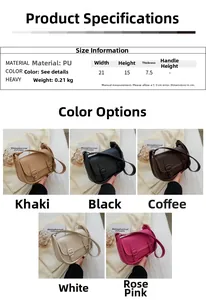 Size chart and five colors display for minimalist PU leather shoulder bag for women