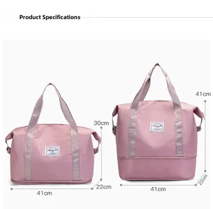 Pink travel bag size comparison showing standard and expandable height dimensions