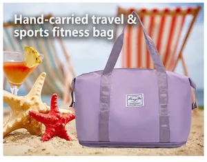 Close-up of a purple waterproof fitness bag with a spacious dry-wet separation pocket