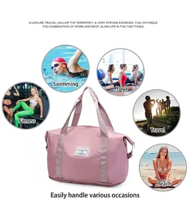 Pink waterproof travel bag showing use cases for gym, swimming, yoga, and beach activities