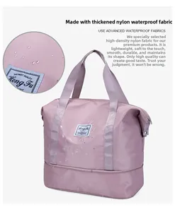 Close-up of pink waterproof nylon fabric with water droplets on travel tote bag