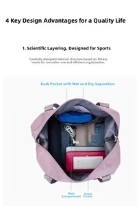Pink travel bag detail showing wet-dry separation pockets and large interior storage space