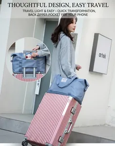 Detail view of large travel bag sleeve attached to a suitcase handle with zipper pocket
