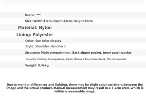 Detailed size chart for the travel bag showing 41cm width and nylon material features