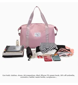 Pink waterproof travel bag showing large capacity for clothes, iPad, and essentials