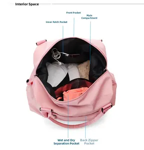 Internal layout of pink travel bag showing wet/dry separation and storage pockets