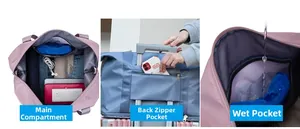 Detail of main compartment, back luggage sleeve, and wet dry separation pocket in travel bag