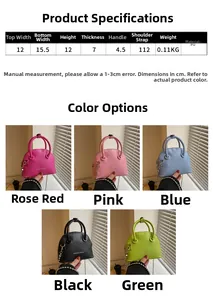 Size guide for mini shell crossbody bag showing detailed dimensions and five color options