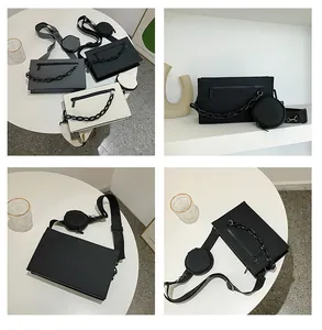 Minimalist rectangular crossbody bag set with detachable round pouch and plastic chain detail